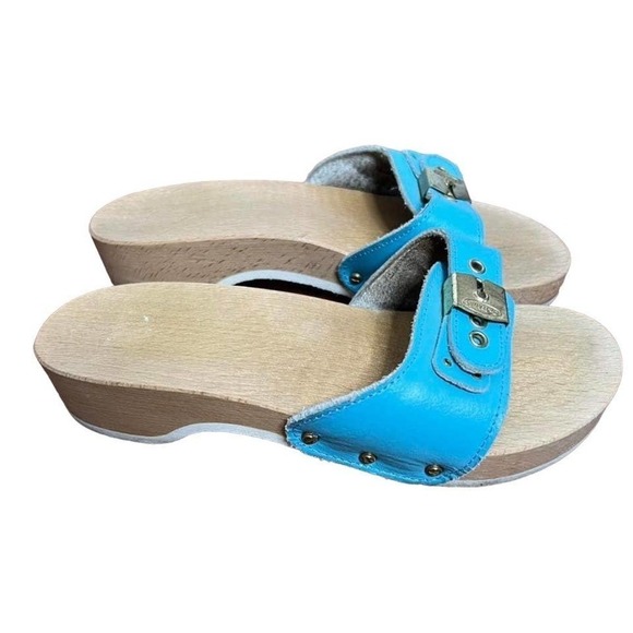 VINTAGE Dr. School's The Original Wood Sandals Slides Blue Leather - Picture 2 of 7